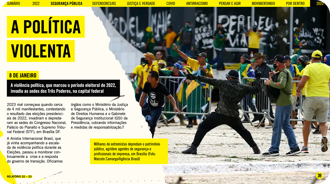 Detalle del diseño del informe anual de Amnistía Internacional Brasil.
