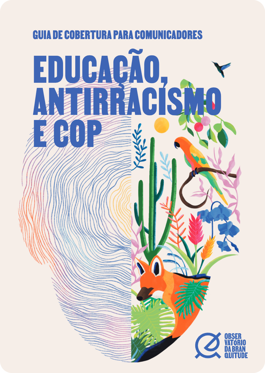 Portada de la guía 'Educação, Antirracismo e COP', ilustrada con un zorro y plantas nativas.