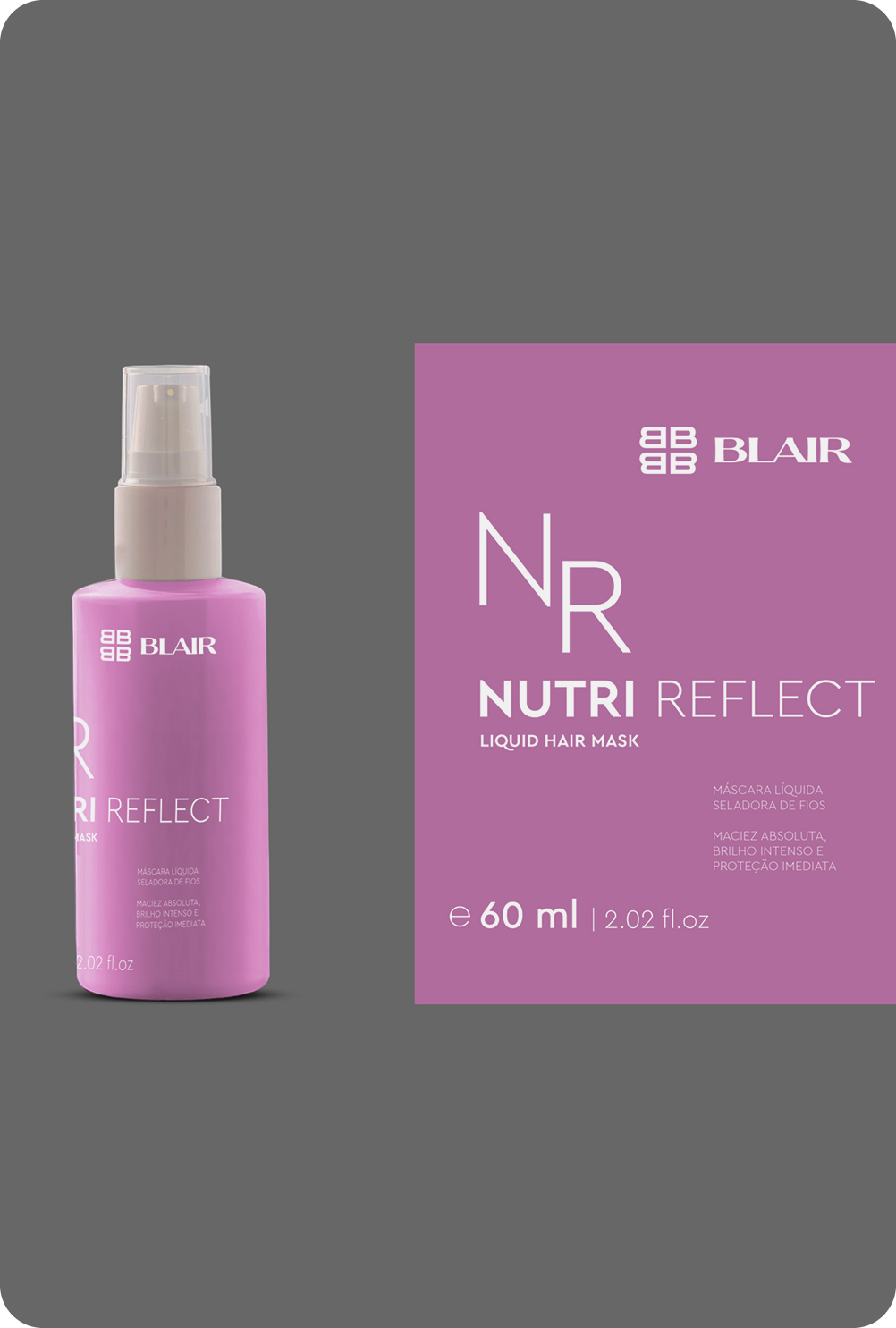 Frasco y caja de la mascarilla capilar líquida Blair Nutri Reflect.