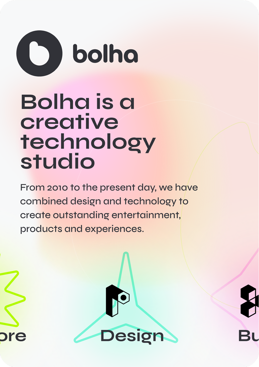 Página de inicio de Bolha.ag presentando al estudio como un 'creative technology studio'.