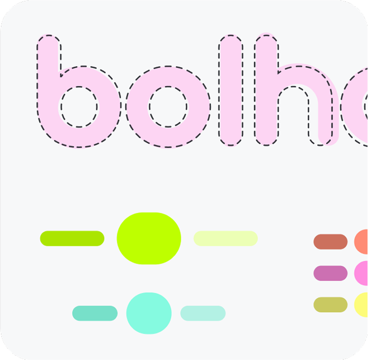 Detalle tipográfico del logotipo 'bolha' con la paleta de colores de la marca.