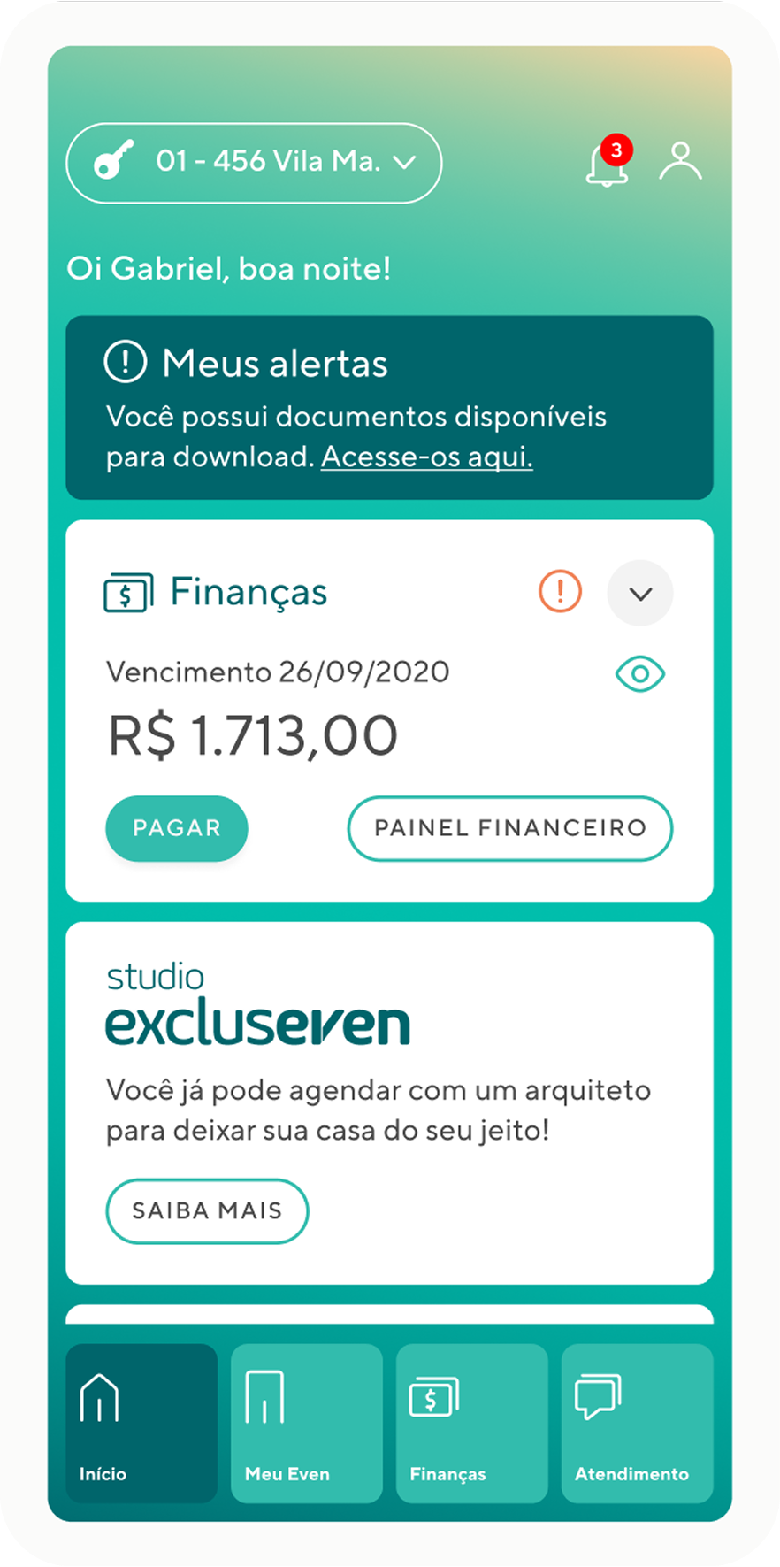 Pantalla de inicio de la app Even mostrando alertas, un resumen financiero y una tarjeta promocional del Studio Excluseven.