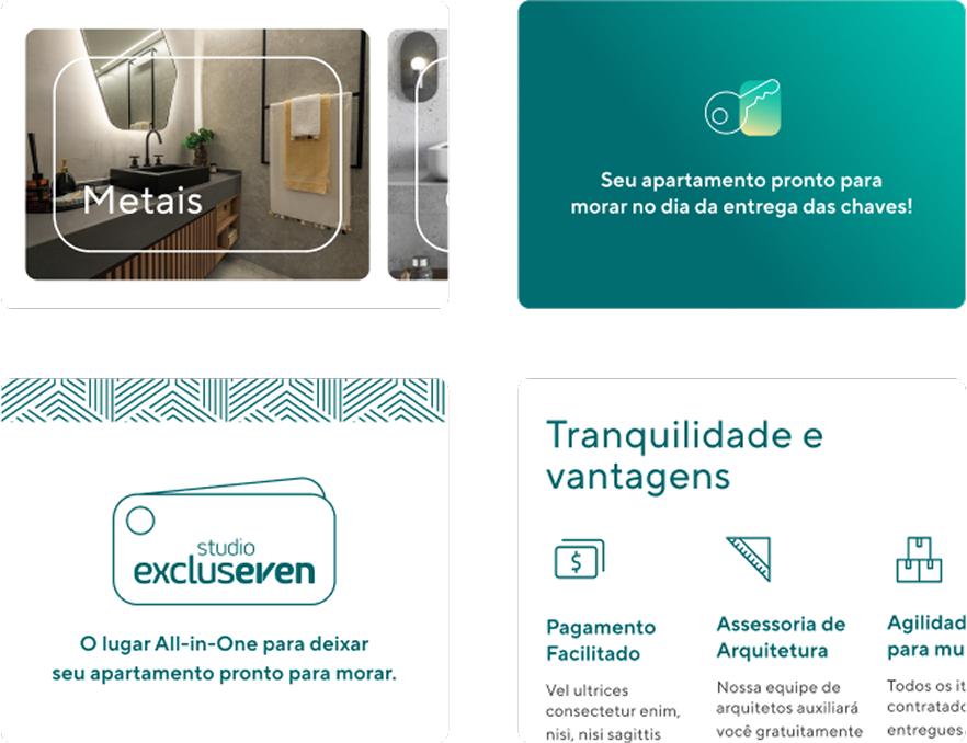 Composición de pantallas de la app Even: selección de metales y acabados, aviso de entrega de llaves y cuadro de beneficios del Studio Excluseven.