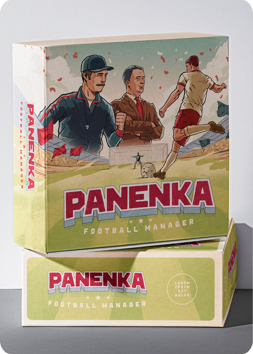 Caja del juego de mesa Panenka Football Manager, ilustrada con un entrenador y jugadores.