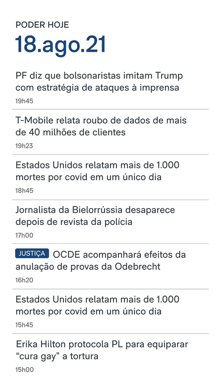 Página de inicio de Poder360 listando los titulares políticos del día.