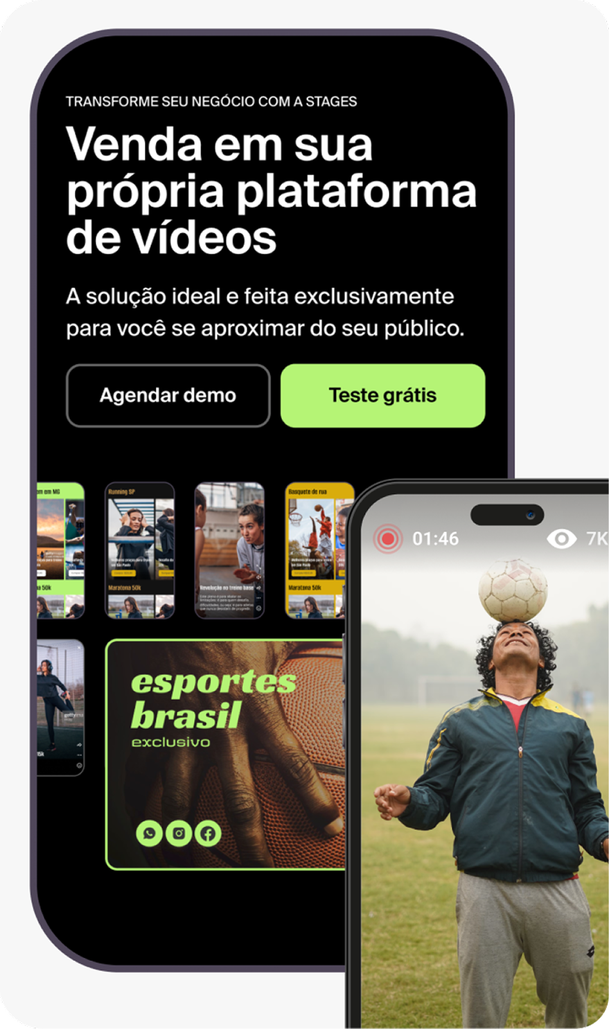 Landing page de Stages en portugués, promocionando las propias herramientas de venta por video de la plataforma.
